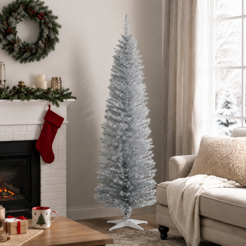 Sapin de Noël artificiel HOMCOM argenté de 1,83 m (6 pi), mince et élégant, avec 390 extrémités de branches réalistes et un support en plastique.