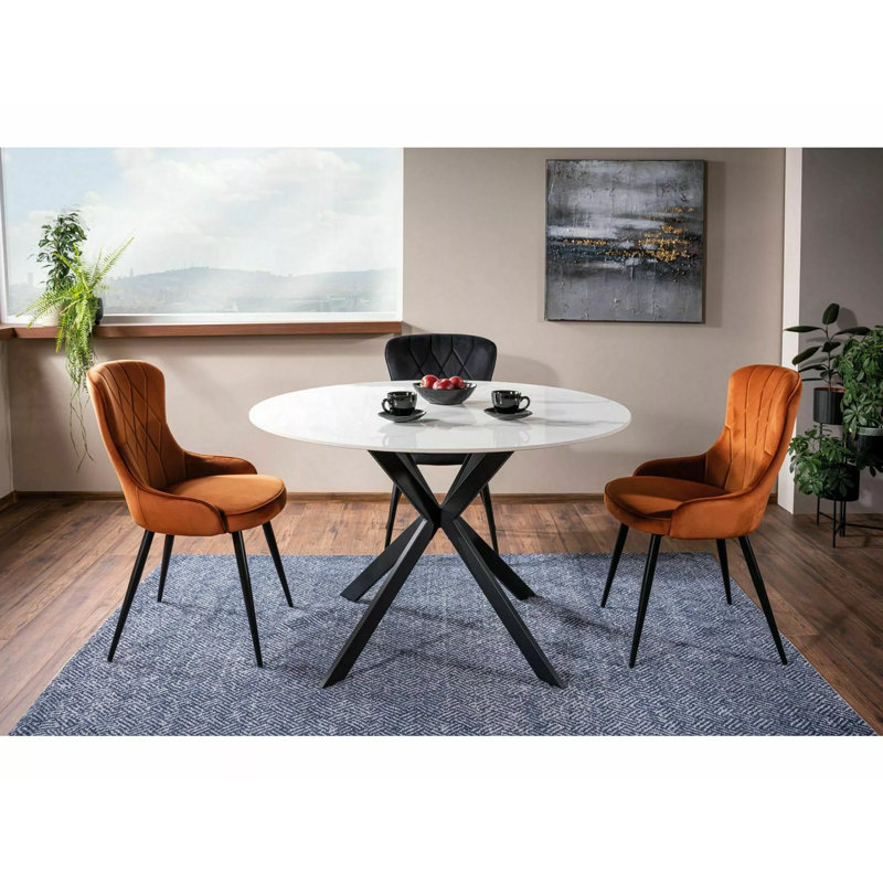 Gella Round Faux Marble Top Metal Base Dining Table, White