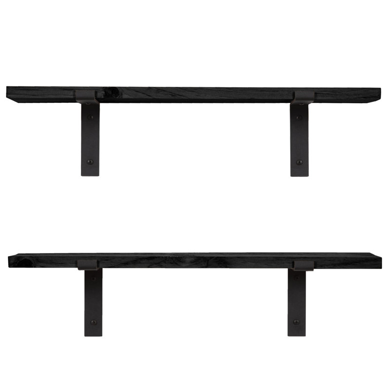 Jensenn 2 Piece Pine Solid Wood Bracket Shelf, Black, 24" x 5.5"