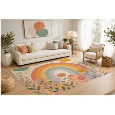 "Ultra Lightweight" 5' x 7' Rainbow Wildflower Area Rug, Soft Low Pile Indoor Rug with Non-Slip Silicone Backing for Living Room, Bedroom, Dining Room, Office, Kids & Pets, Brown