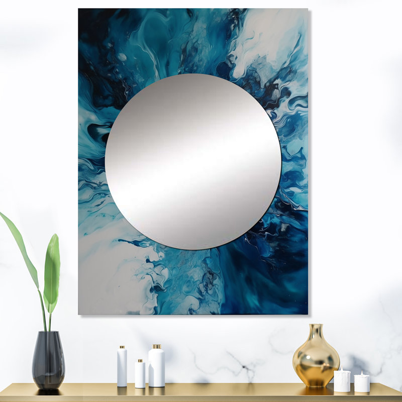 Maidel bleu sarcelle et noir aqueux fantaisie I - miroir abstrait, miroir mural décoratif bleu sarcelle, impression d'art en métal