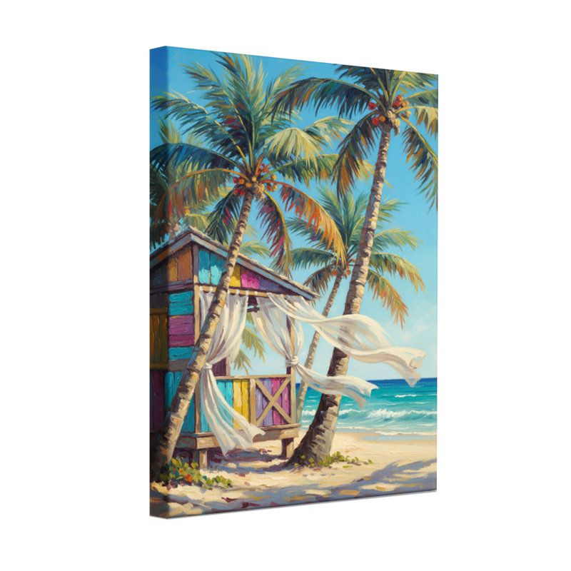Plantes et fleurs, cabane de plage colorée, palmiers, vue sur l'océan, H 18 po x l 12 po