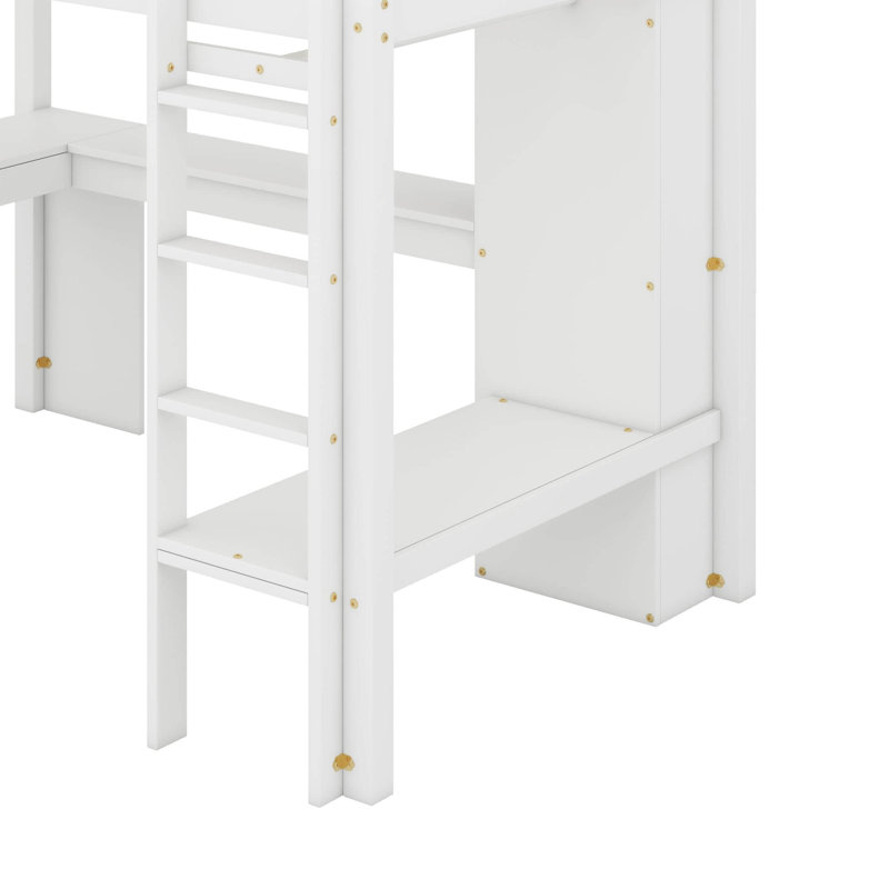 Lit mezzanine simple avec bureau en L, garde-robe et tablettes, Blanc