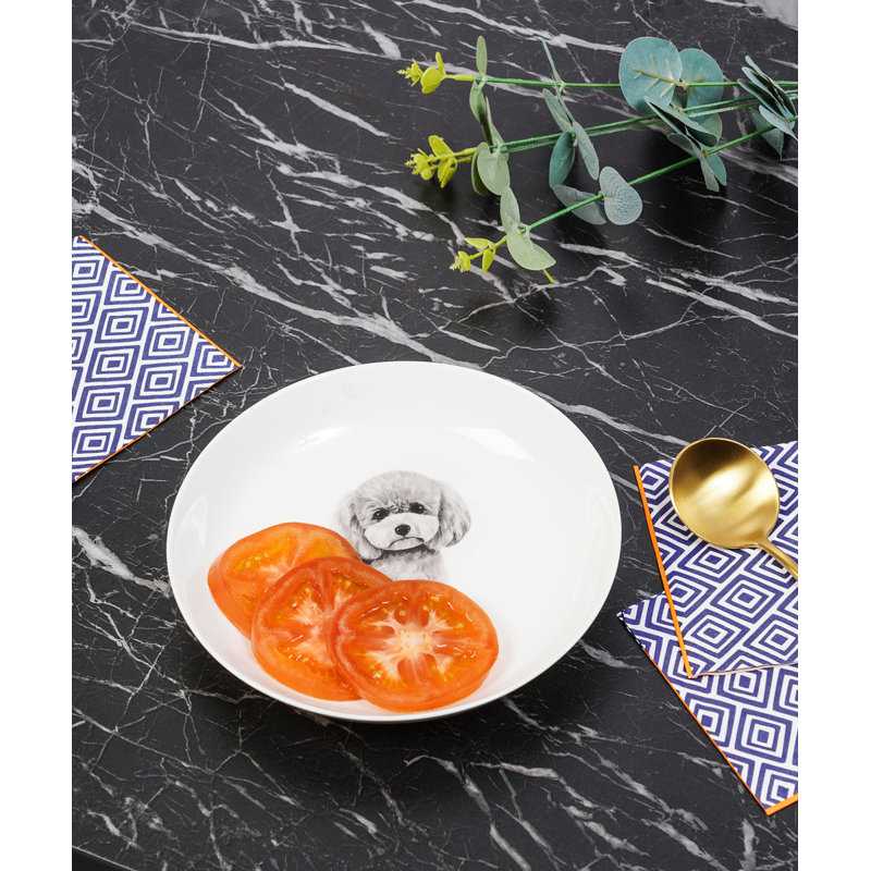 Ensemble de 8 assiettes en porcelaine à imprimé moyen - caniche (gris)