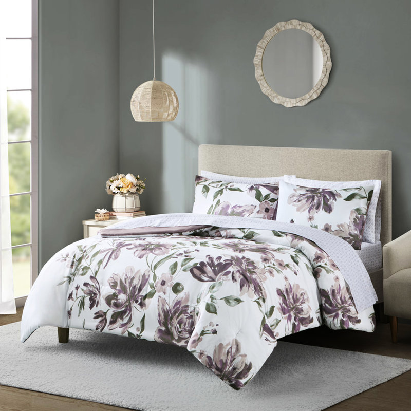 Couette pour lit simple avec draps à motifs floraux mauve taupe