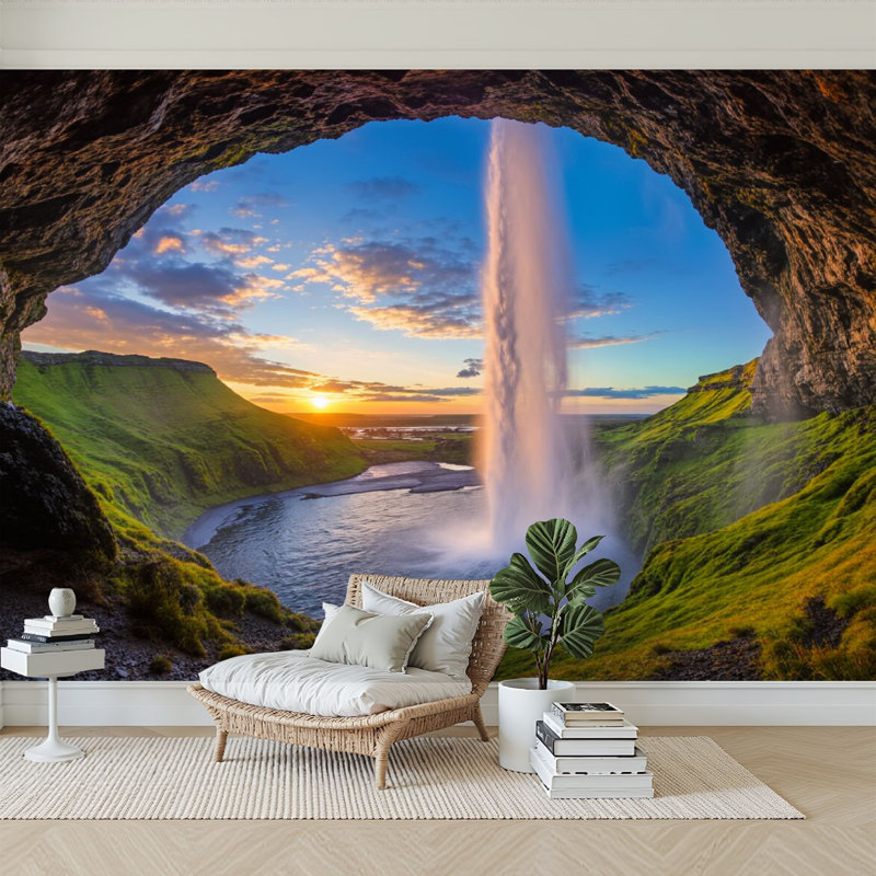 Murale auto-adhésive moderne pour la chambre à coucher derrière la cascade Seljalandsfoss Waterfall Islande