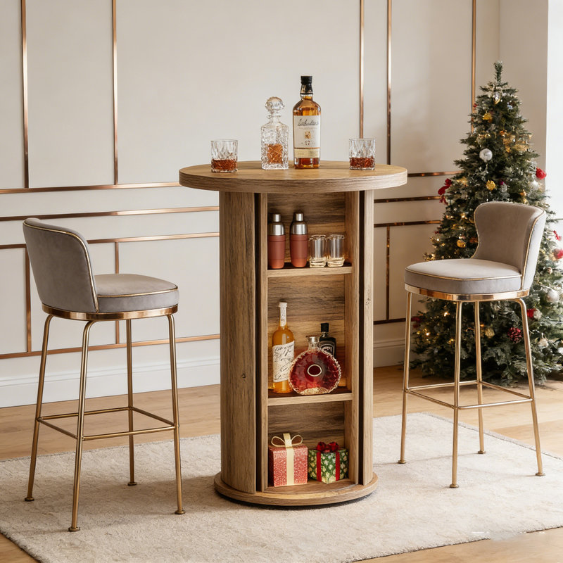 Table de bar ronde en bois avec rangement dissimulé, table de bar d'une hauteur de bar de 35,4 po, Brun