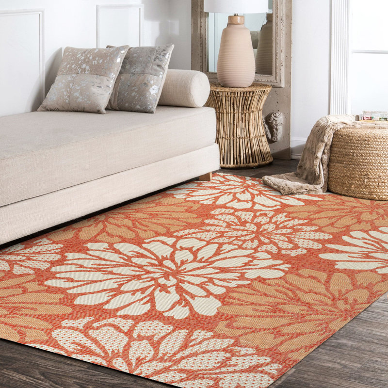 Zinnia Modern Floral Textured Weave Orange/Cream Indoor/Outdoor Rug, Rectangle 3'11" x 6'