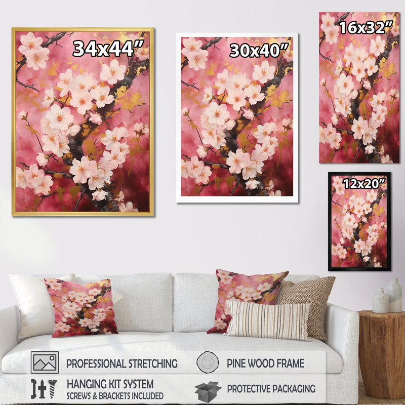 «Cherry Blossoms», collage rose foncé sur toile, Cadre flottant blanc, 20" H x 12" W