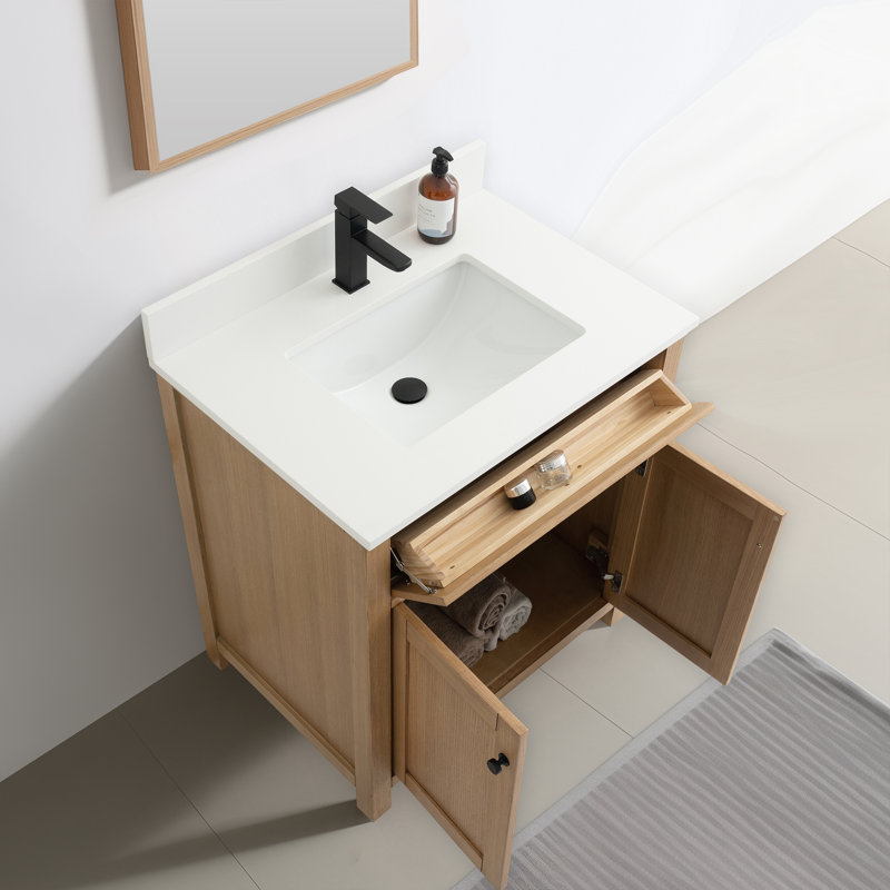 31 po X P 22 po P 33,75 po Meuble-lavabo autoportant simple H en chêne blanc avec comptoir en quartz