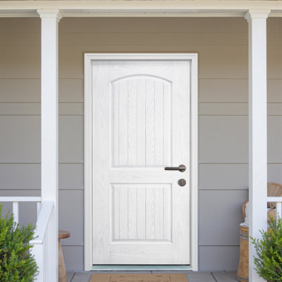 Porte d'entrée extérieure pré-montée 36 po x 80 po à 2 panneaux avec porte d'entrée intérieure en fibre de verre apprêtée