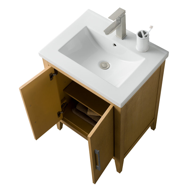 Meuble-lavabo simple 24 po avec plateau en céramique Chambery, Chêne naturel, Nickel brossé