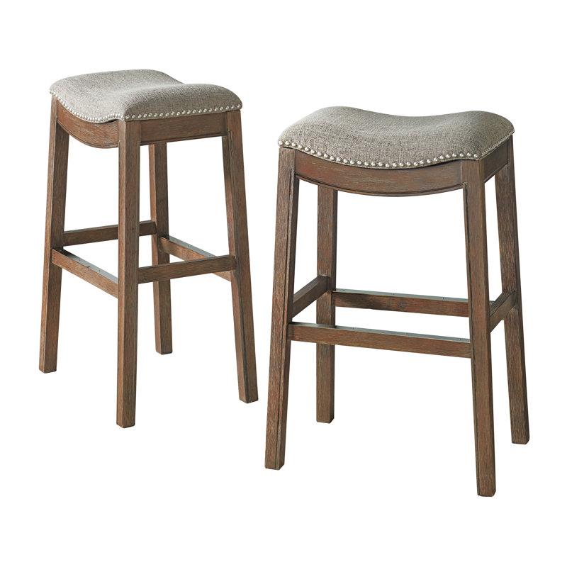 Williston Solid Rubber Wood Counter and Bar Stool, Bar Stool (31” Seat Height), 2, Taupe Linen/Dark Brown Frame