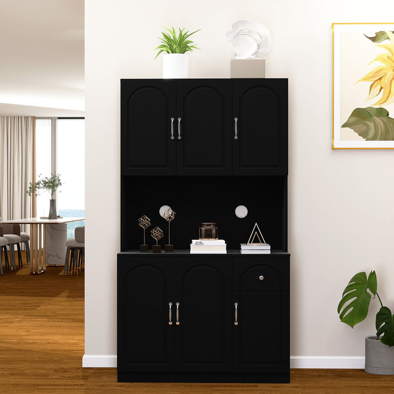 Armoire de rangement pour garde-manger de 71 po avec comptoir pour four à micro-ondes, huche autoportante avec tablettes réglables, 6 portes et 1 tiroir - noir 71 po
