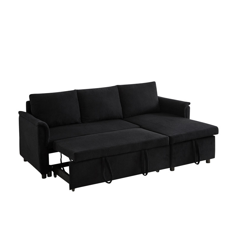 Canapé-lit modulaire en L avec causeuse et méridienne avec rangement, Velours côtelé noir