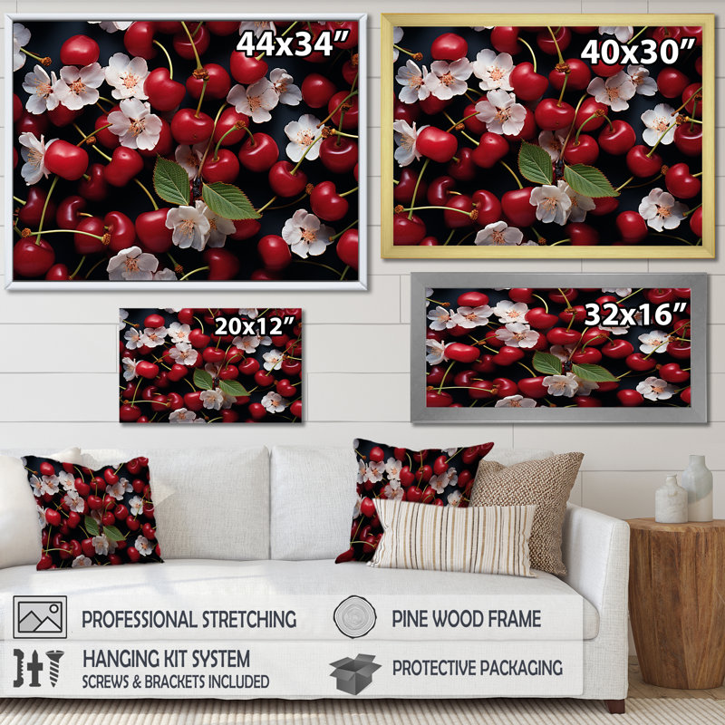 Red Cherry Sundae Delight - Art mural cerise, H 24 po x l 32 po x P 1 po, Cadre d'angle fermé noir