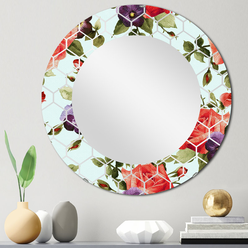 Fleurs rouges rétro - miroir mural traditionnel, 24 po x 24 po