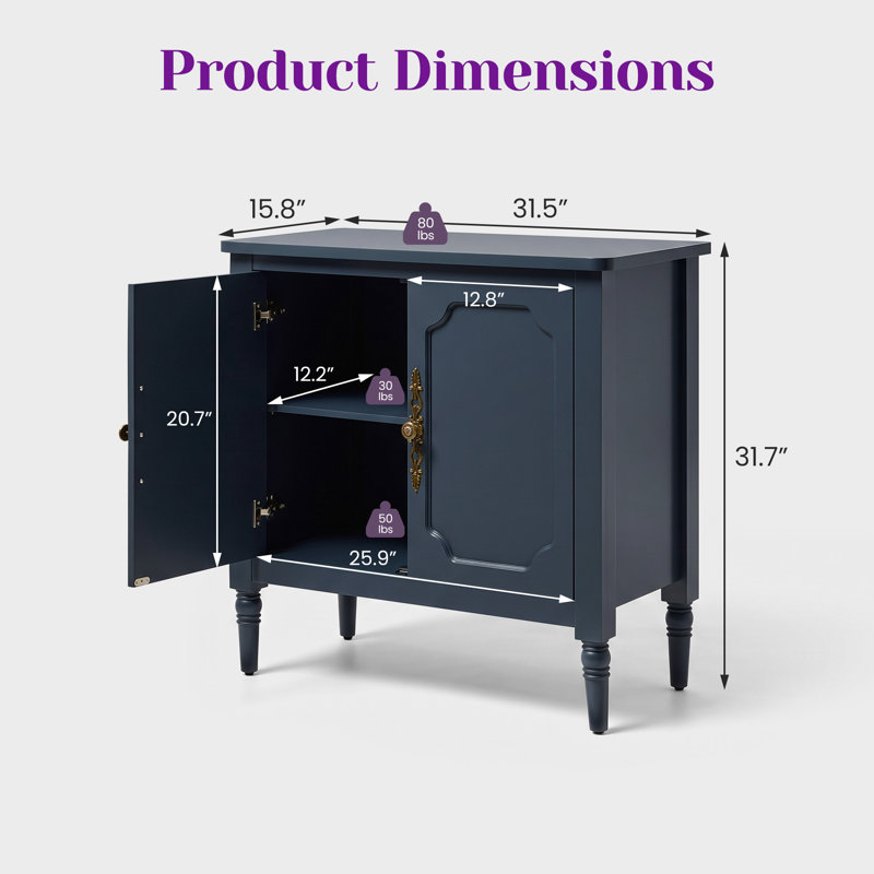 Meuble d'appoint de 80 cm avec tablette réglable, buffet de rangement vintage pour salon, Bleu