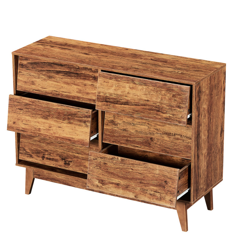 Style rétro, design biseauté, commode double 6 tiroirs, brun, rangement pour chambre à coucher, commode spacieuse