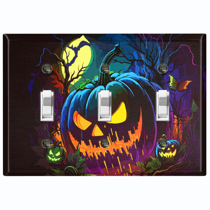 Metal Light Switch Plate Outlet Cover (Halloween Night Spooky Pumpkin - Triple Toggle)