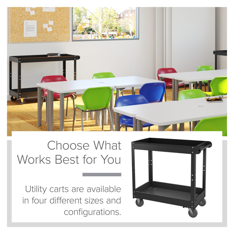 Black Steel 2-Shelf Utility Cart with Raised Lip