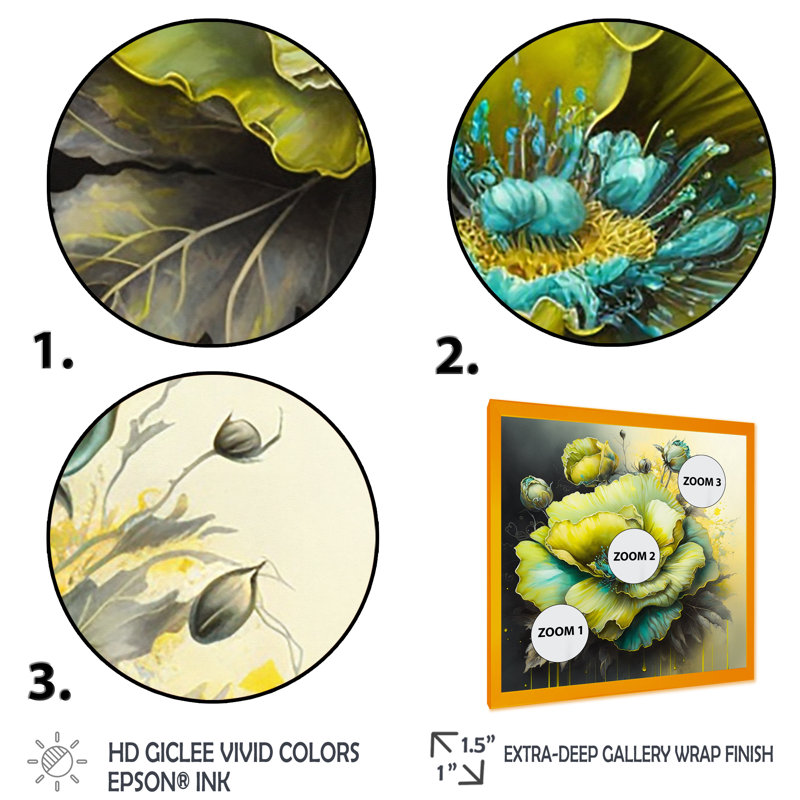 Fleur verte I - peinture sur toile, Impression dorée sur toile encadrée, H 36 po x l 36 po x P 1,5 po