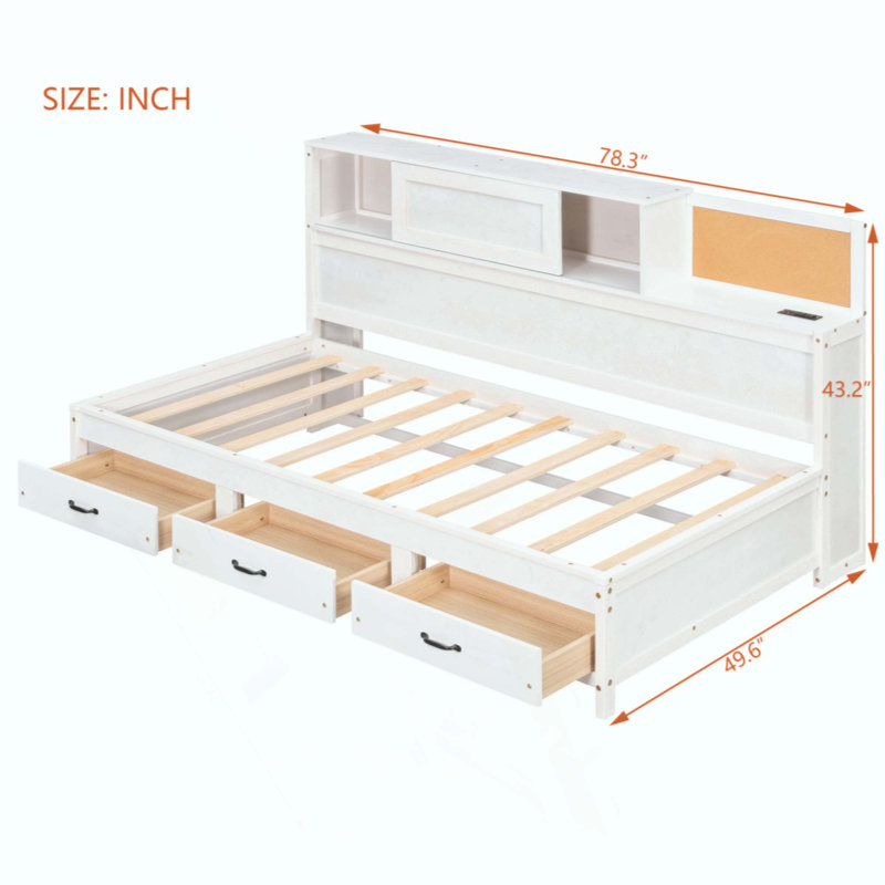 Lit de jour en bois avec 3 tiroirs de rangement, tableau souple supérieur, tablette et ensemble de prises et ports USB