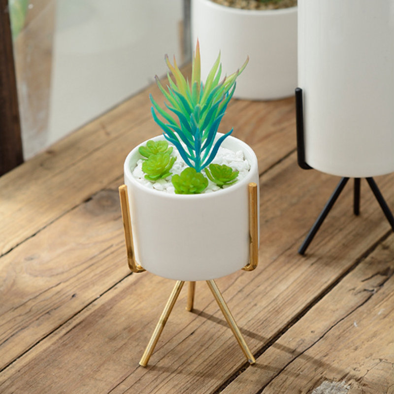 Abdulbaki Ceramic Cylindrical Free Standing Planter with Metal Stand, Black, 13.5cm H x 8cm W x 8cm D