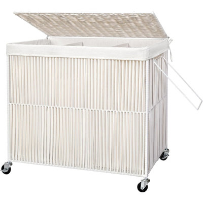 Panier à linge à roulettes tissé à la main avec couvercle, sacs amovibles compartimentés et roulettes, blanc crème