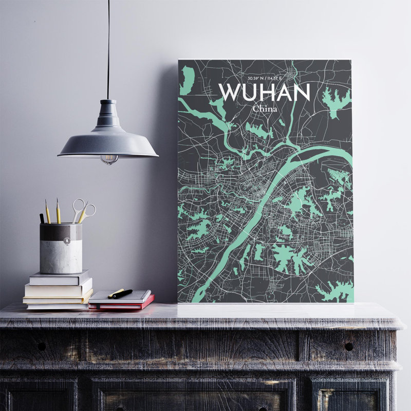 Wuhan China|中國 City Map - Unframed Print Set, Green/Grey, 27.6" H x 19.7" W