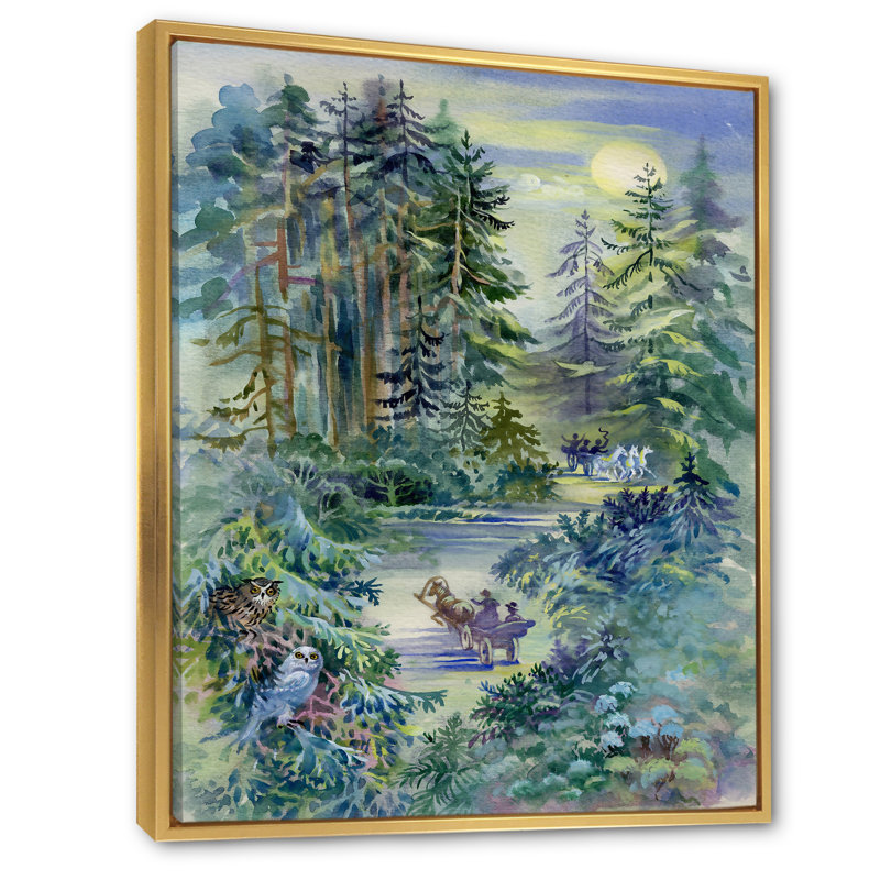 Forêt grunge la nuit - Peinture, H 20 po x l 12 po x P 1 po, Cadre flottant doré