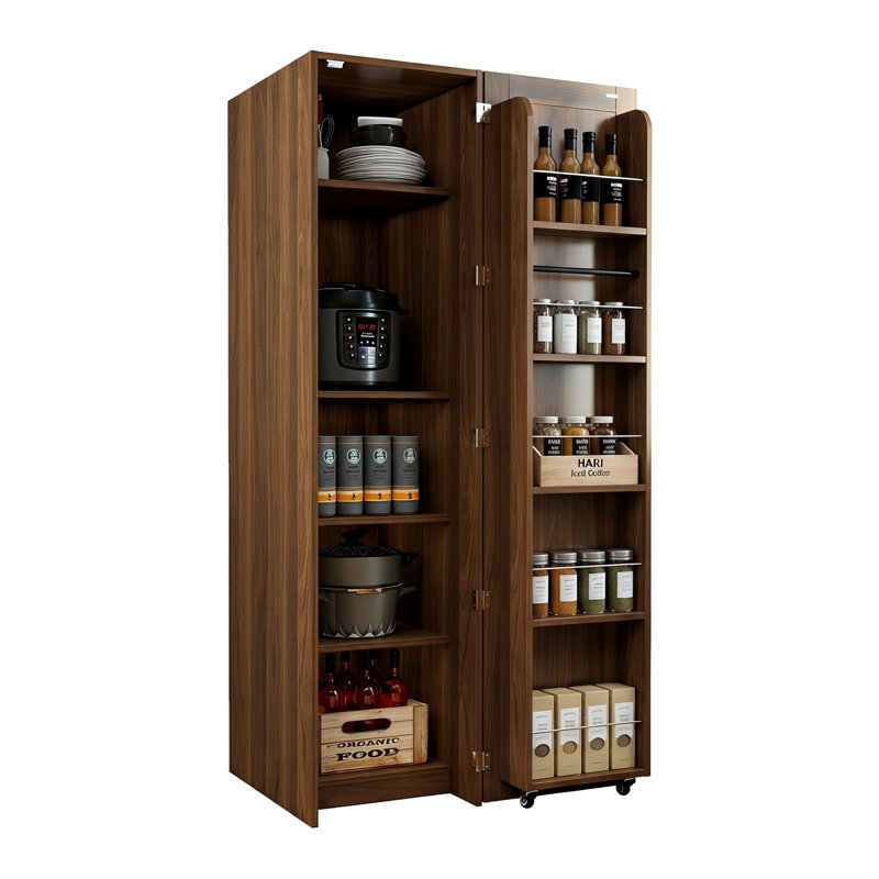 Buffet autoportant brun avec portes et tablettes, convenant à la cuisine, au salon et à la salle à manger, Noyer
