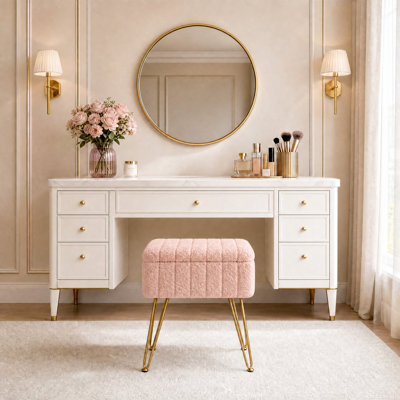 Vanity Stool with Storage, Faux Fur Ottoman with Metal Legs and Anti-Slip Feet, 15.7 x 11.8 x 18.7 Inches Soft Furry Padded Seat Foot Rest for Makeup Bedroom Living Room