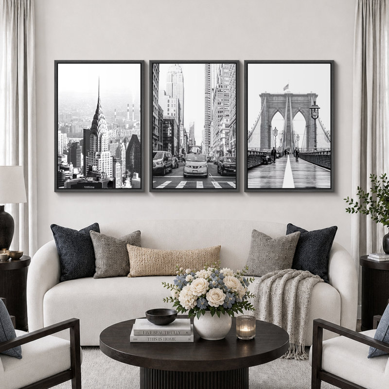 NYC New York Cityscape Urban Architecture Photography Realism Scenic Landscape Decor, Black Floater Framed, 36" H x 72" W