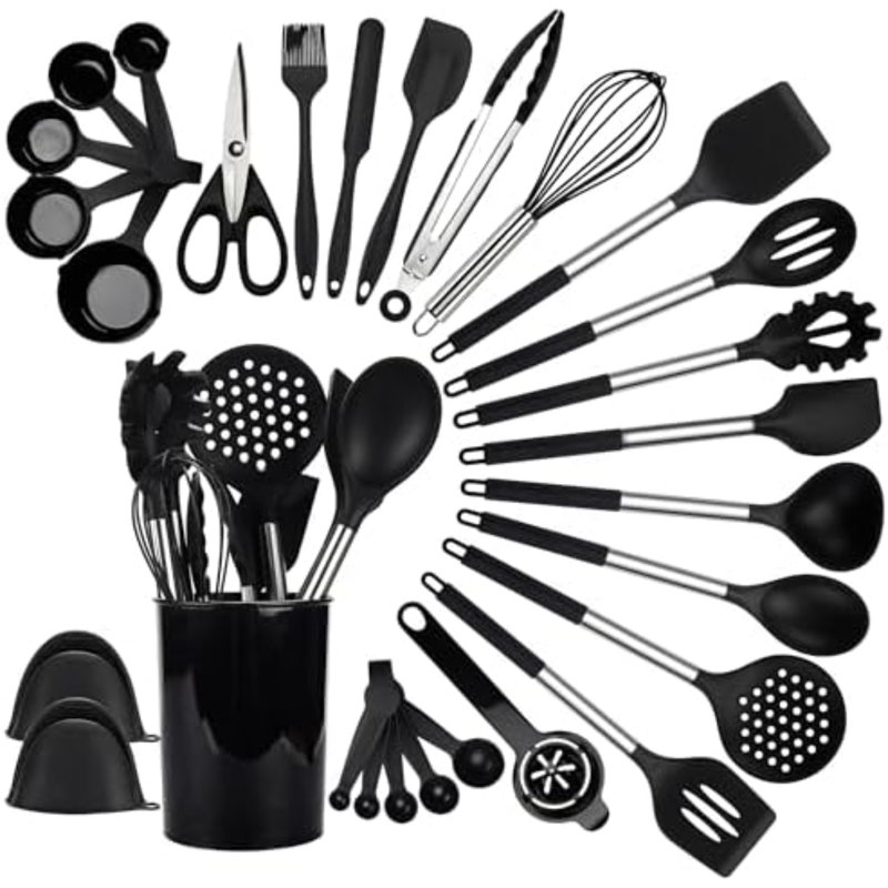 Ensemble d'ustensiles de cuisine en silicone, ensemble de 28 ustensiles de cuisine antiadhésifs avec support, spatule résistante à la chaleur à 446 ° F, pinces, cuillères avec poignées en acier inoxydable (noir)