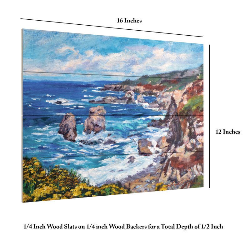 David Lloyd Glover  DRAMATIC BIG SUR COAST WITH WILDFLOWERS Wood Slat Art, H 12 po x l 16 po