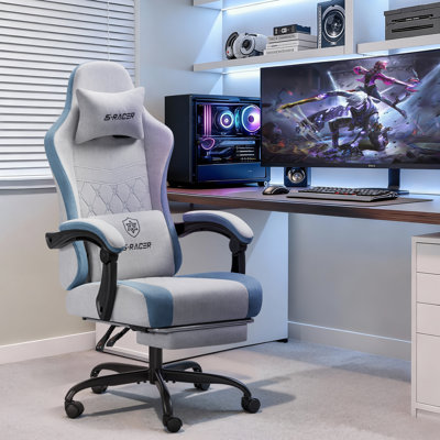 Fabric Gaming Chair With Massage Lumbar Support, High Back Ergonomic Computer Chair With Footrest, Reclining Game Chair With Linkage Armrests