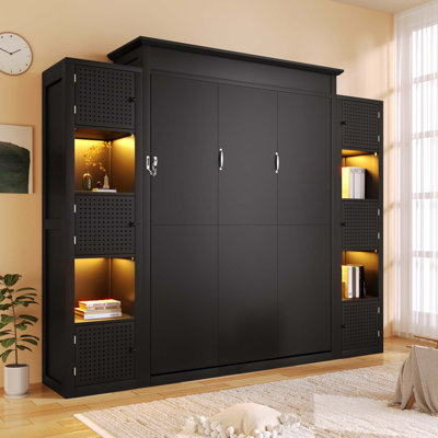 Wooden Murphy Bed with Padded Headboard, LED Lighting & Shelves