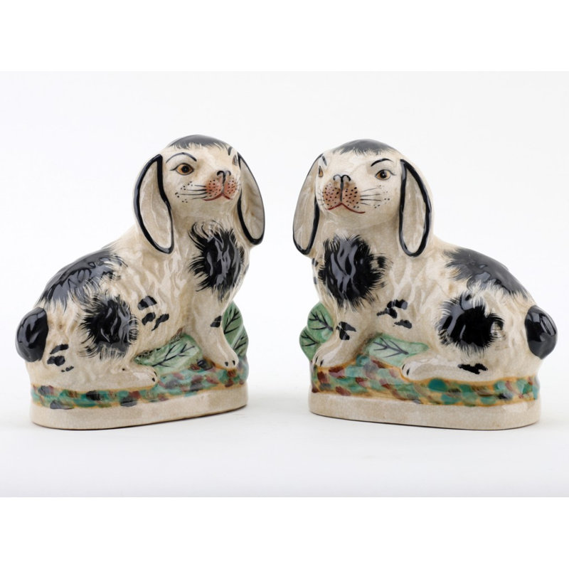 Small Staffordshire Bunny Hares Figurine, Cream/Black, 6.5" H x 6" W x 3" D