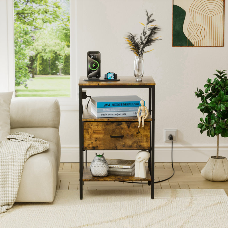 Rustic 23.6" H 1-Drawer Nightstand, Open Storage Shelves, with Built-In Charging Station