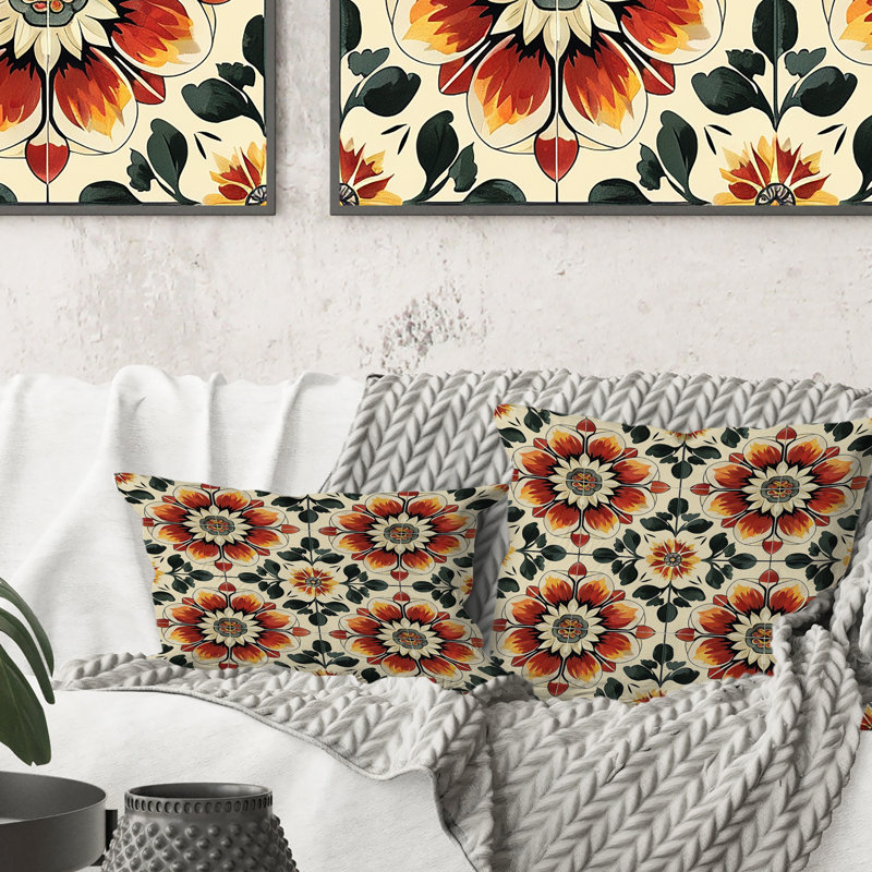 Coussin lombaire à motif de tuiles florales rouges et orange I