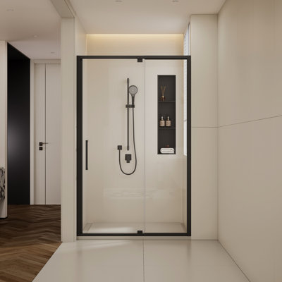 Porte de douche réglable à cadre réglable de 44 à 48 po x H 72 po avec verre trempé clair de 1/4 po (6 mm), film de sécurité transparent pour verre, finition en aluminium noir mat, installation réversible