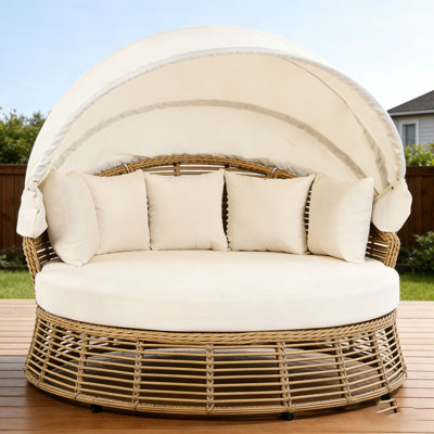 Outdoor Patio Rattan Round Daybed with Retractable Canopy
