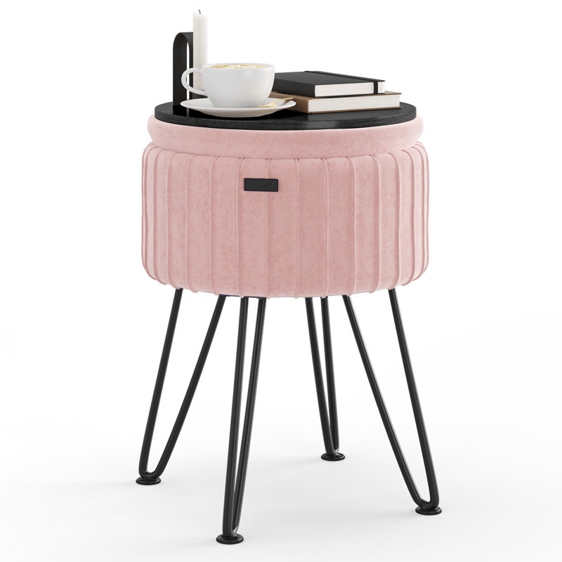 Round Pleated Velvet Ottoman with Storage, Pink, Black