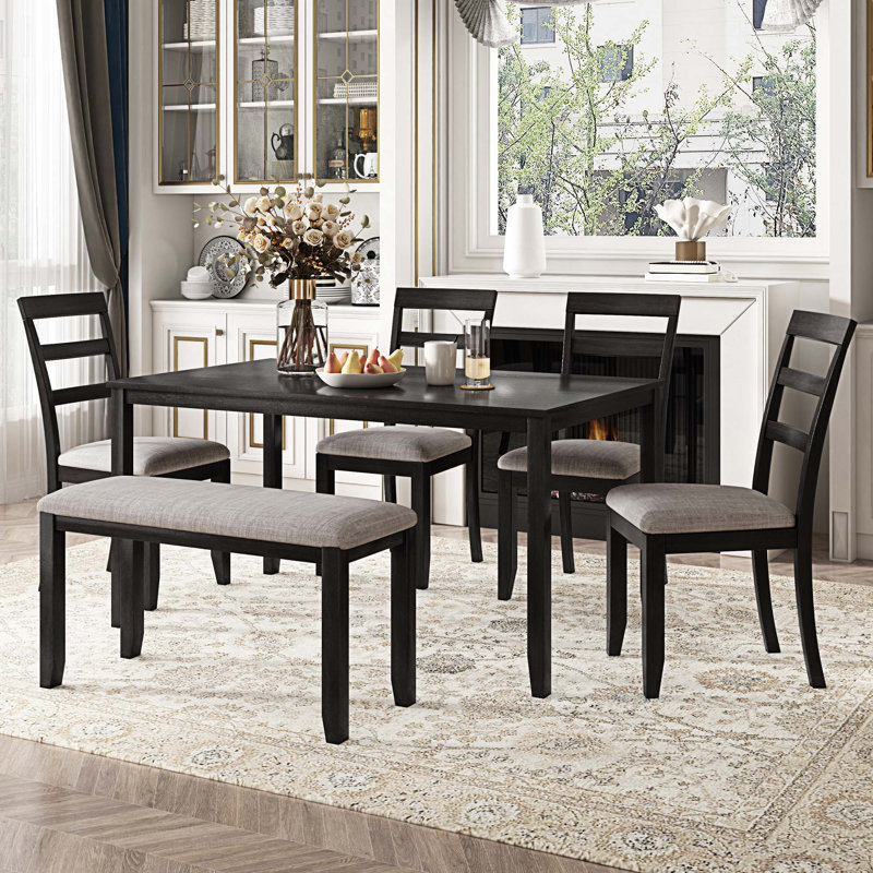 6 pièces table de salle à manger en bois simple et chaise avec banc, Espresso, Espresso/gris, Brun foncé
