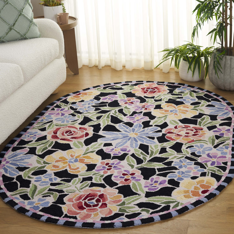 Hollander Floral Hand Hooked Wool Black Area Rug