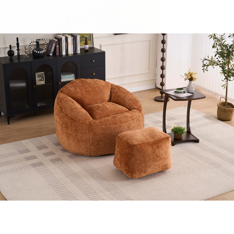 Chenille Bean Bag Chair with Ottoman, Orange Chenille