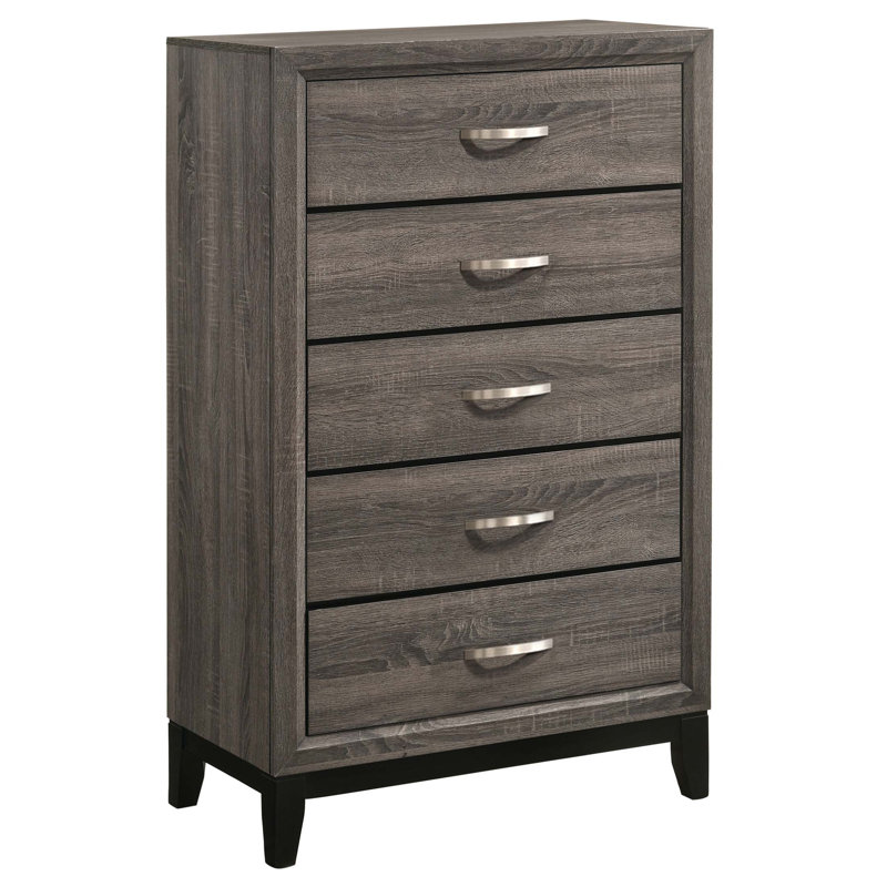 Commode à 5 tiroirs Gregory avec joints entrecroisés durables et rangement spacieux, parfait pour les intérieurs modernes