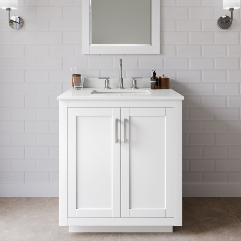 Miranda 30" Freestanding Single Bathroom Vanity with Quartz Top, White Quartz, White, Brushed Nickel