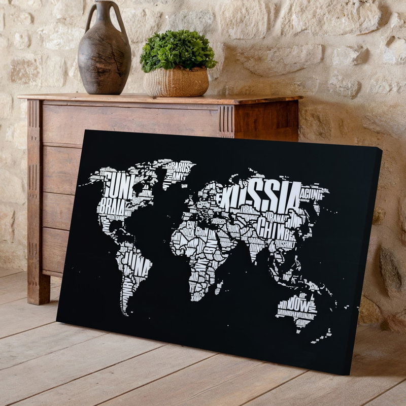Toile, une carte du monde minimaliste composée entièrement de noms de pays en art mural, typographie blanche sur fond noir uni